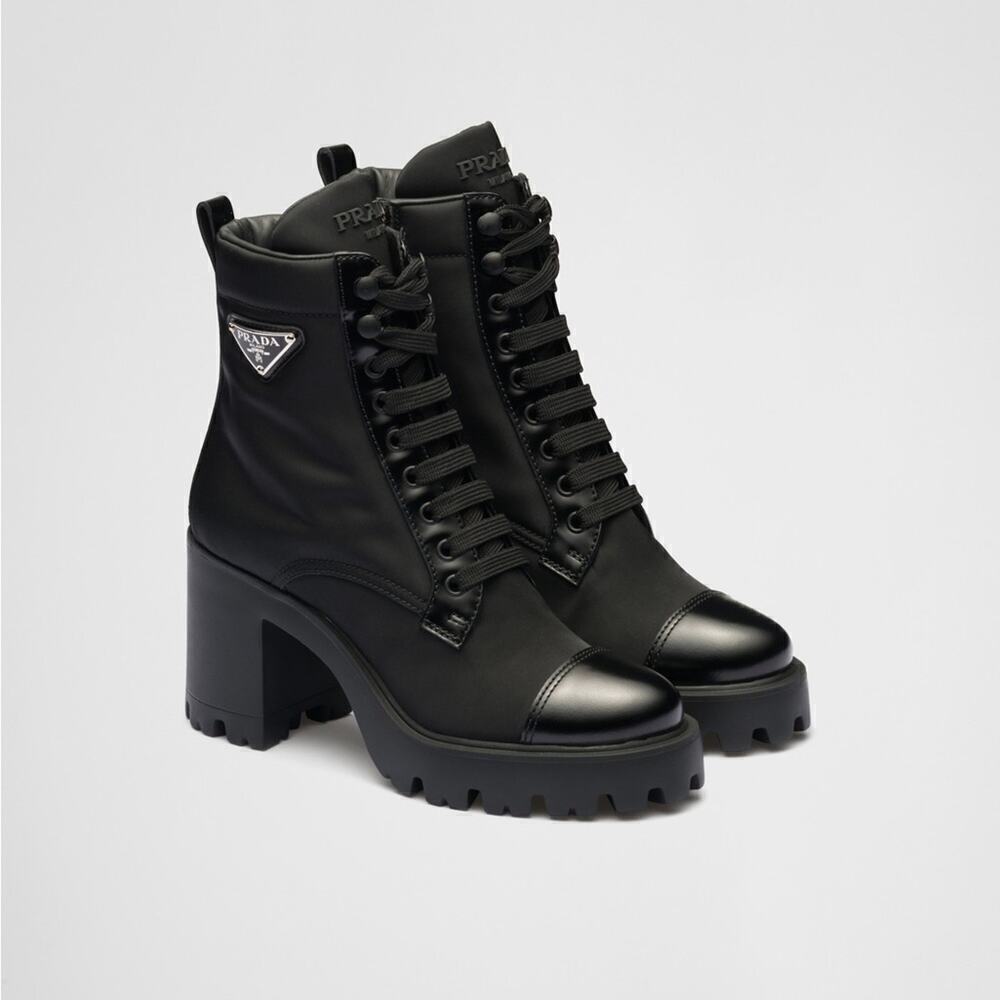 Prada Black Leather/ Re-Nylon Metal Triangle Logo 110mm Ankle Boots EU 38.5